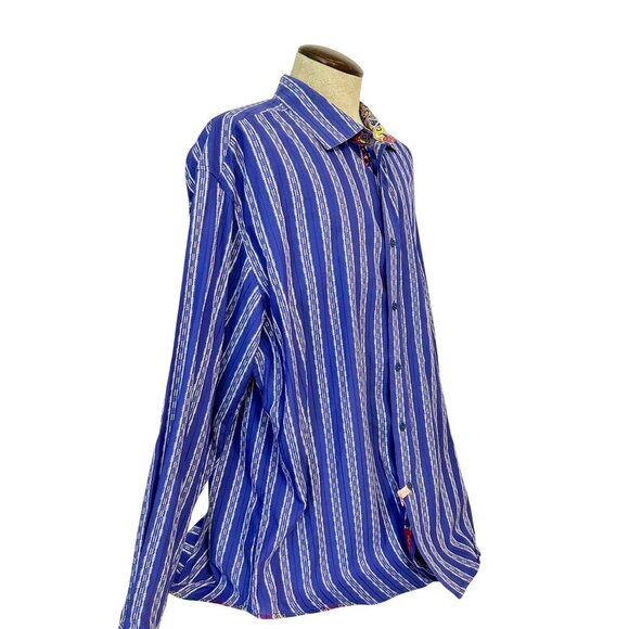 Robert Graham Button Down Shirt Blue/White Stripe Floral Cuff 3XL - Picture 2 of 5